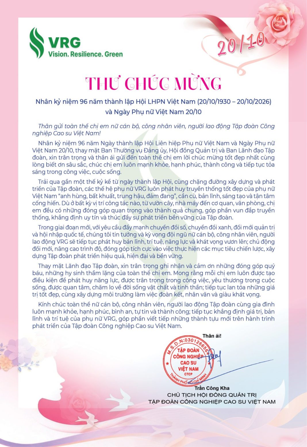Thư chúc mừng của Chủ tịch HĐQT VRG nhân kỷ niệm 96 năm Ngày Phụ nữ Việt Nam